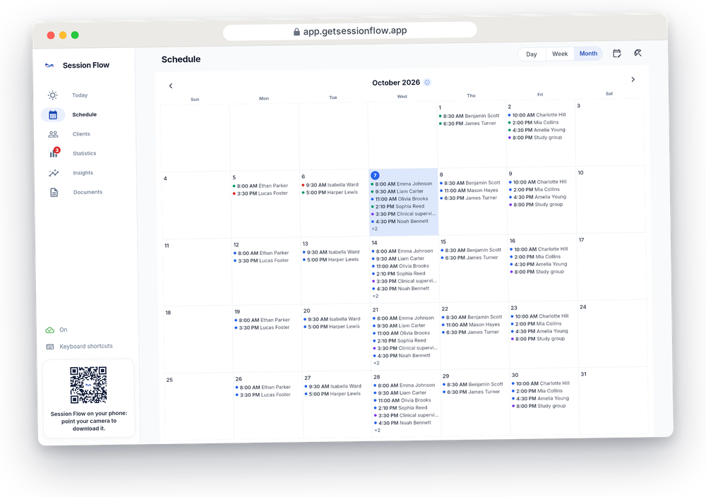 The whole month's calendar in a browser, with each day's sessions.