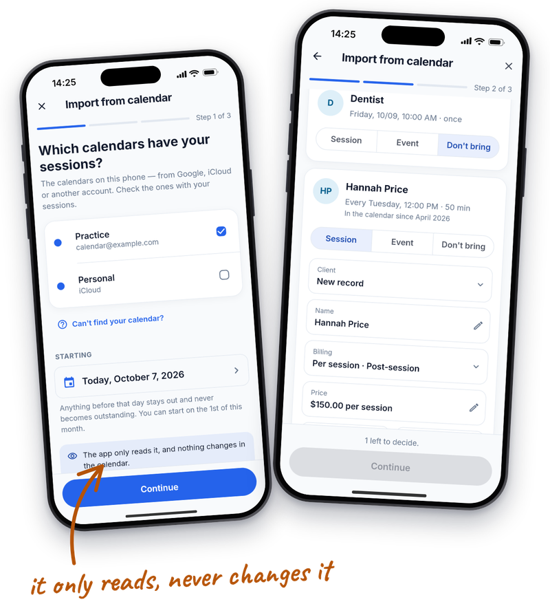 Importing from the phone calendar: a card for each person, with the choice of session, event or skip.