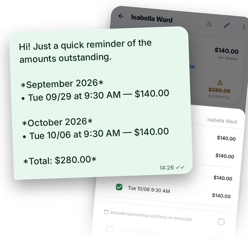 A WhatsApp payment message listing the open sessions and the total, next to the app screen that put it together.
