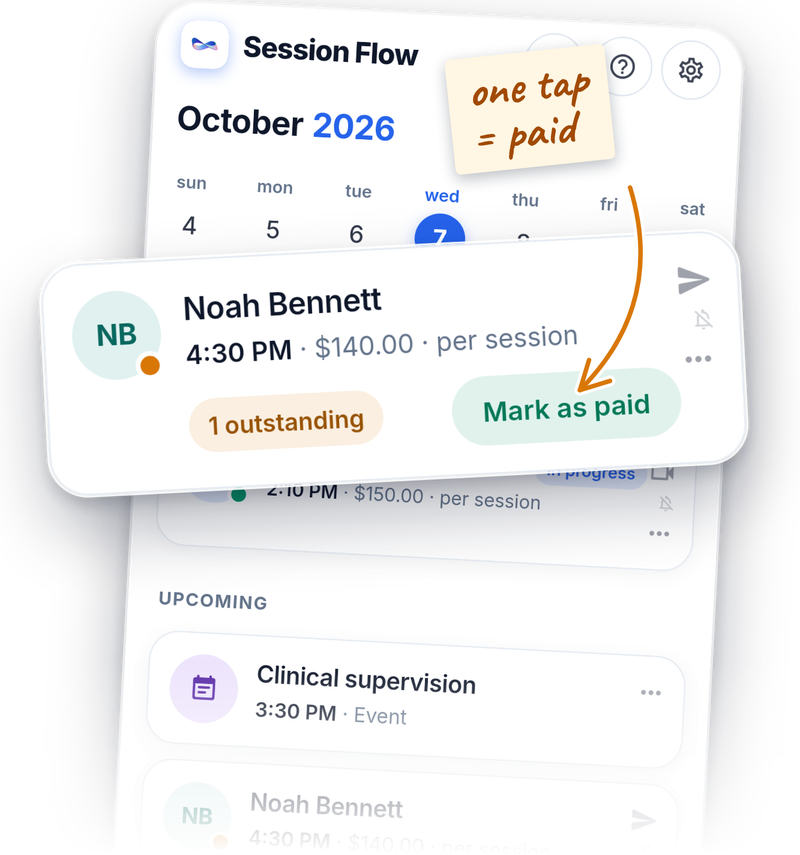 Session Flow's Today screen, with the day's sessions and each one's time and fee. Highlighted: a client card with one open session and the Mark as paid button, with the note "one tap = paid".