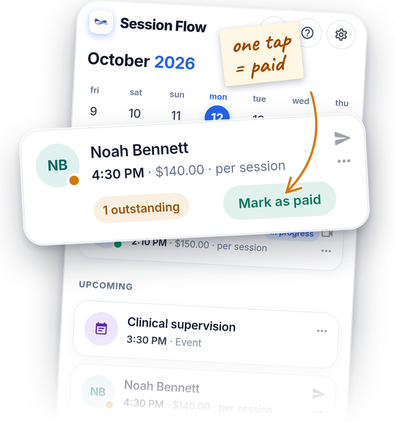 Session Flow's Today screen, with the day's sessions and each one's time and fee.