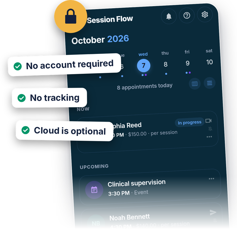 The Today screen in night mode, with a padlock and three badges: no account required, no tracking and optional cloud.