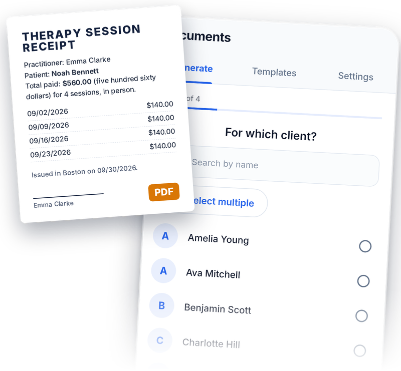 A PDF receipt with the month's sessions, next to the app's Documents screen.
