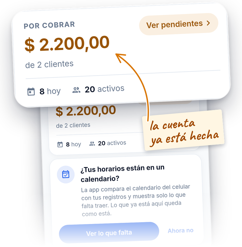 El panel Por cobrar de la pantalla Clientes, con el total y de cuántos clientes, y la nota "la cuenta ya está hecha".