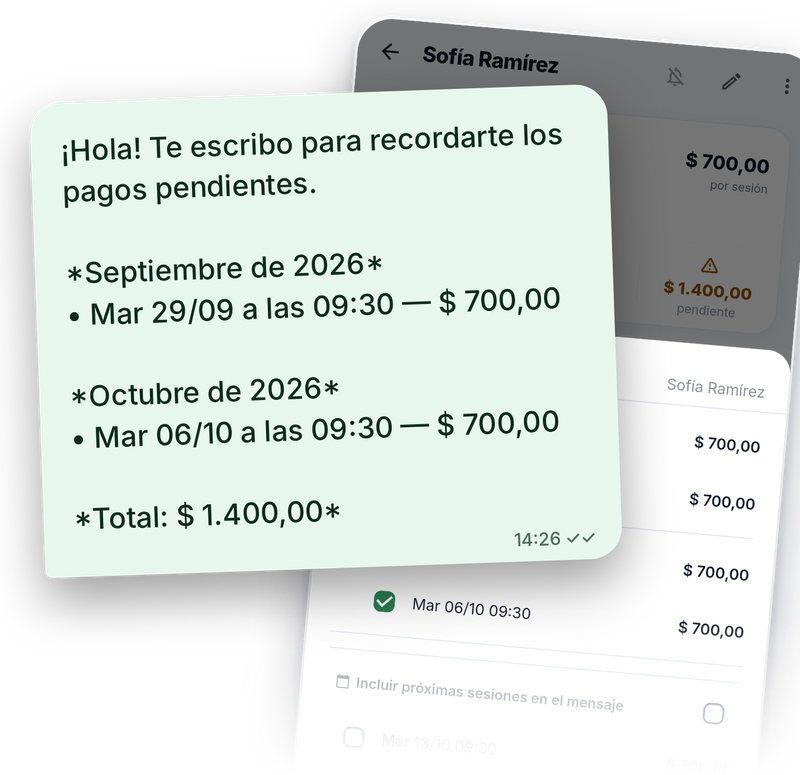 Un mensaje de cobro por WhatsApp con las sesiones pendientes y el total, junto a la pantalla de la app que lo armó.
