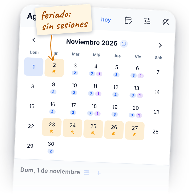La agenda del mes con un feriado marcado: las sesiones de ese día salen solas.