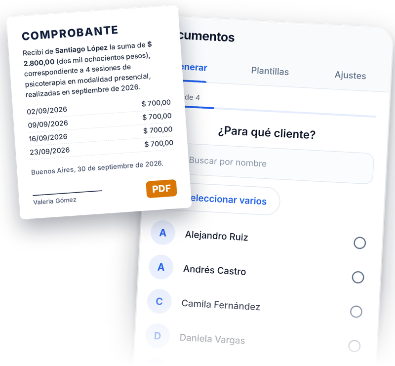 Un recibo en PDF con las sesiones del mes, junto a la pantalla Documentos de la app.