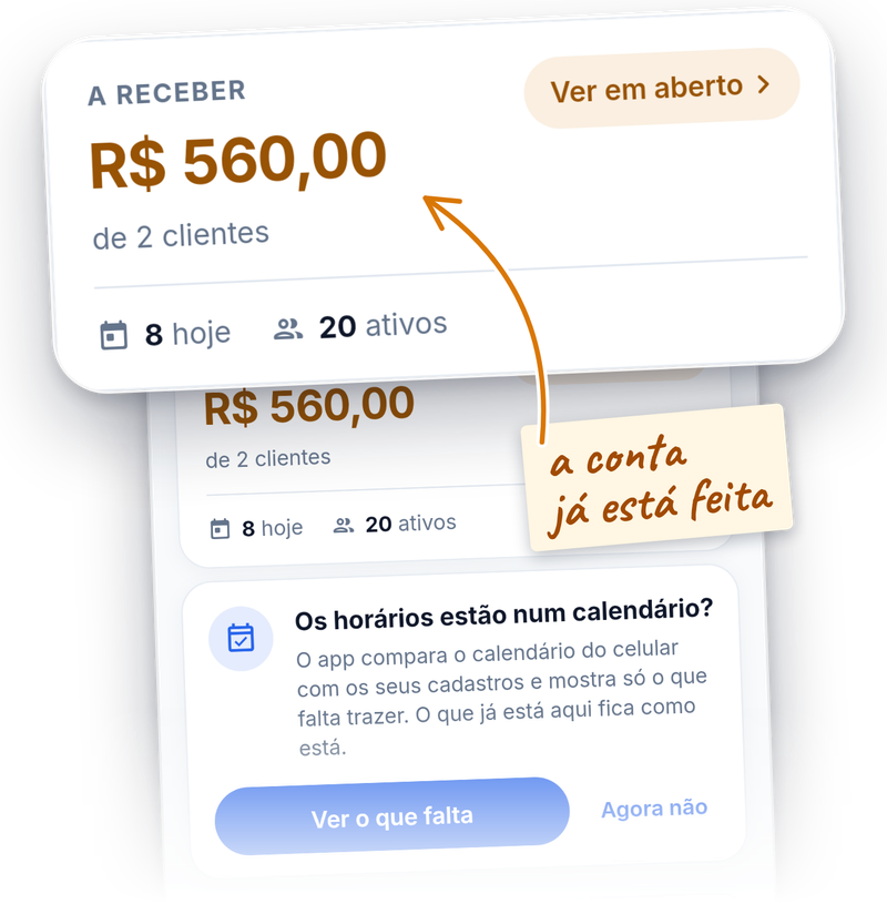 O painel A receber da tela Clientes do Session Flow, com o total e cada paciente com o que ficou em aberto.