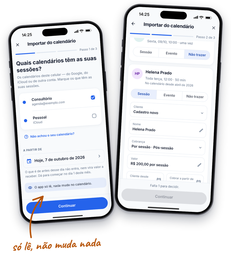 A importação do calendário no celular: a escolha dos calendários e os cartões de cada pessoa, com sessão, evento ou não trazer.