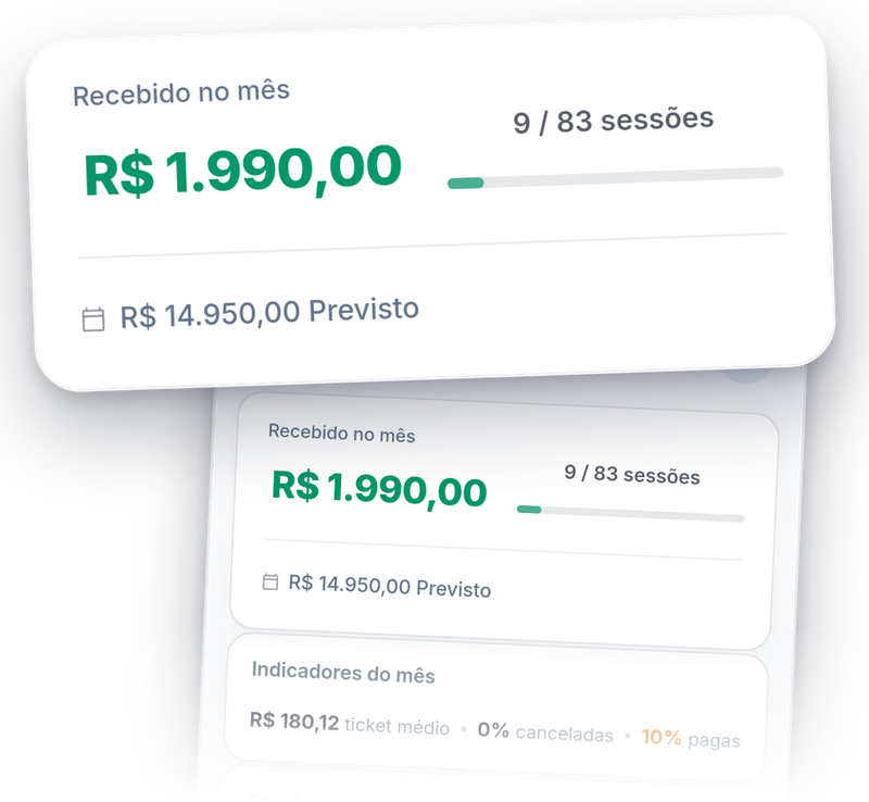 As estatísticas do mês no Session Flow: recebido, previsto e o que falta receber.