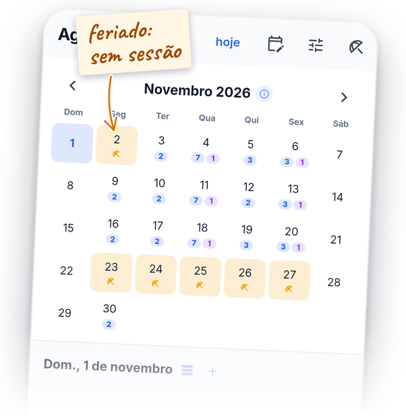 A agenda do mês do Session Flow com um feriado marcado: as sessões daquele dia saem sozinhas.