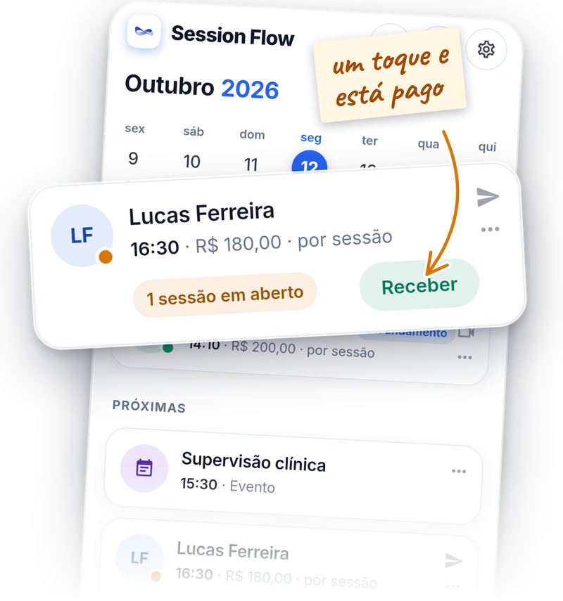 A tela Hoje do Session Flow, com as sessões do dia, o horário e o valor de cada uma.