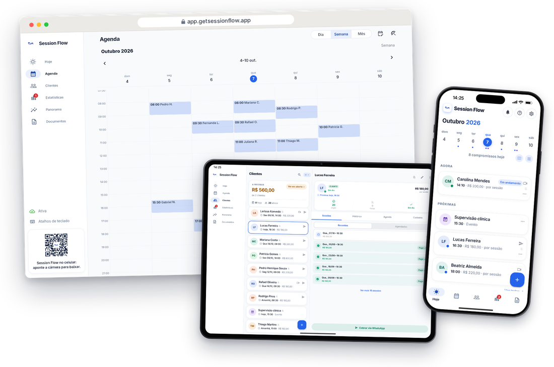 O Session Flow no navegador, num iPad e num celular, com os mesmos clientes e sessões.