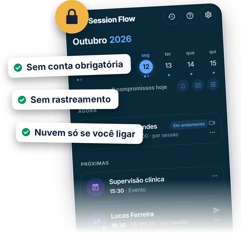 A tela Hoje no modo noturno, com um cadeado e três selos: sem conta obrigatória, sem rastreamento e nuvem opcional.