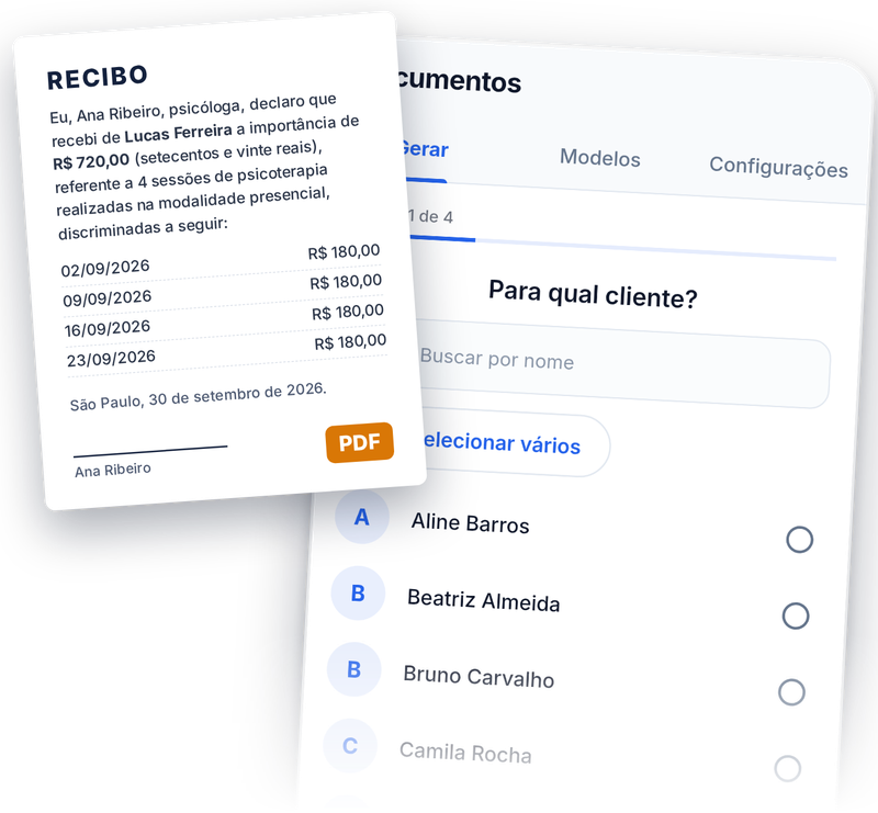 Um recibo em PDF com as consultas do mês, ao lado da tela Documentos do Session Flow.